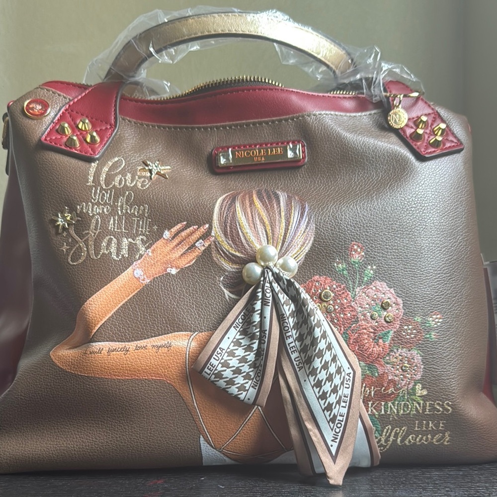 Nicole Brown and Red Shoulder Bag with Vintage Floral Design